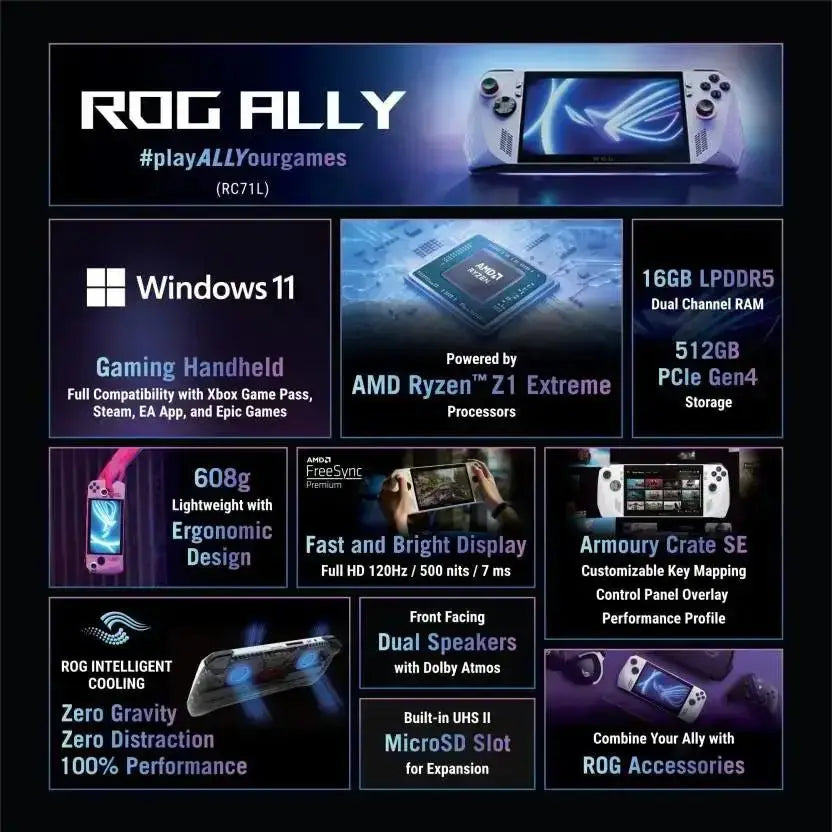 ASUS ROG Ally Ryzen Z1 Octa Core Extreme - (16 GB/512 GB SSD/Windows 11 Home) RC71L-NH001W Handheld Gaming PC (7 Inch, White, 608 g) - ROG - Digital IT Cafè