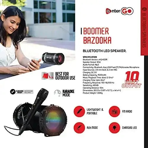 Enter Go Portable Boomer Bazooka Bluetooth LED Speaker with Microphone - Enter Go - Digital IT Cafè